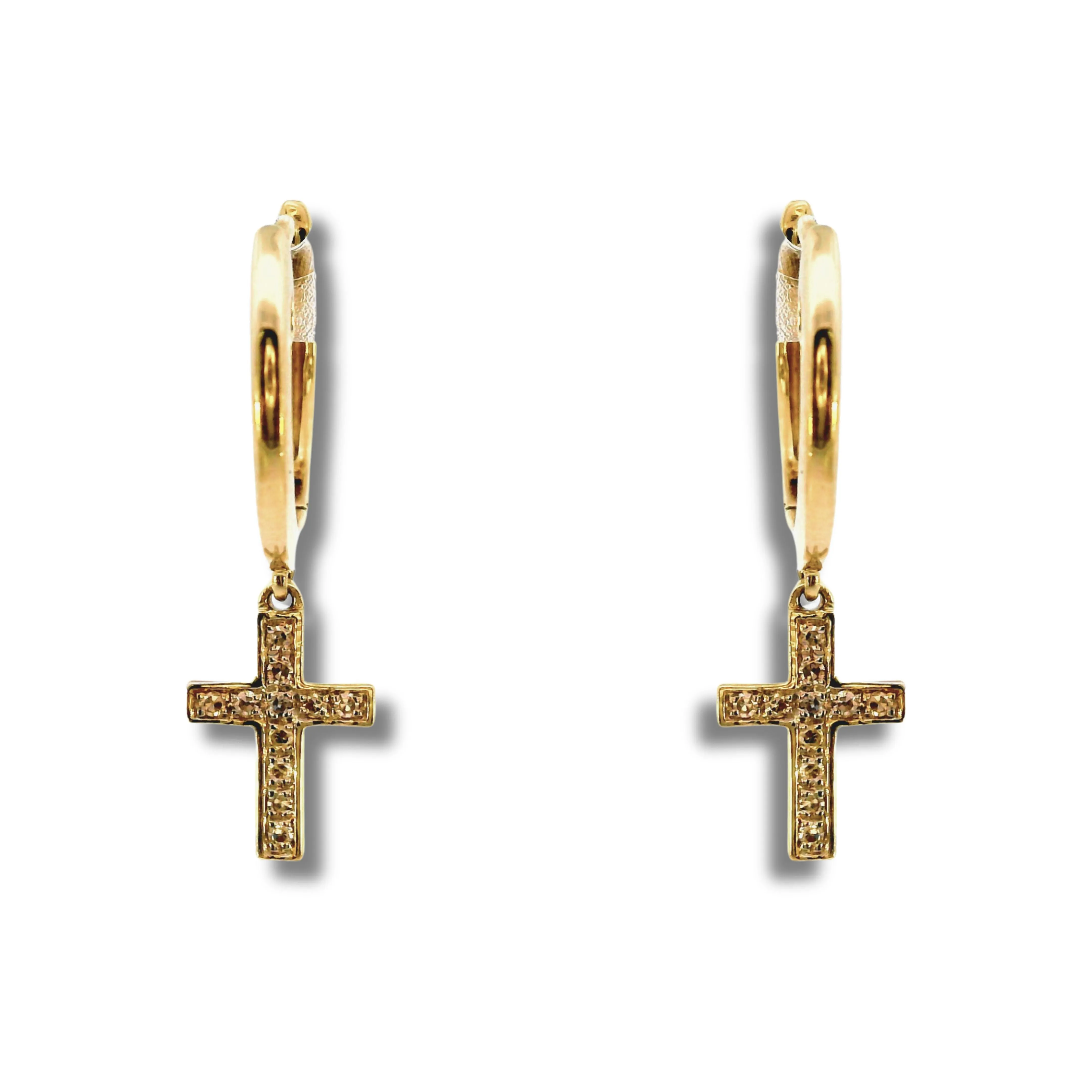 10K Yellow Gold and Diamond Hoop Earrings with Cross Charm