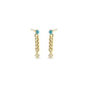 14k Prong Turquoise & Princess Diamond Small Curb Chain Drop Earrings
