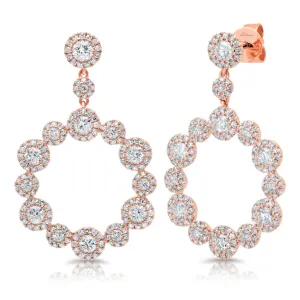 14K Rose Gold Diamond Halo Circle Dangle Earrings