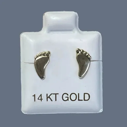 14K Solid Yellow Gold Feet Stud Earrings With Safety Backing
