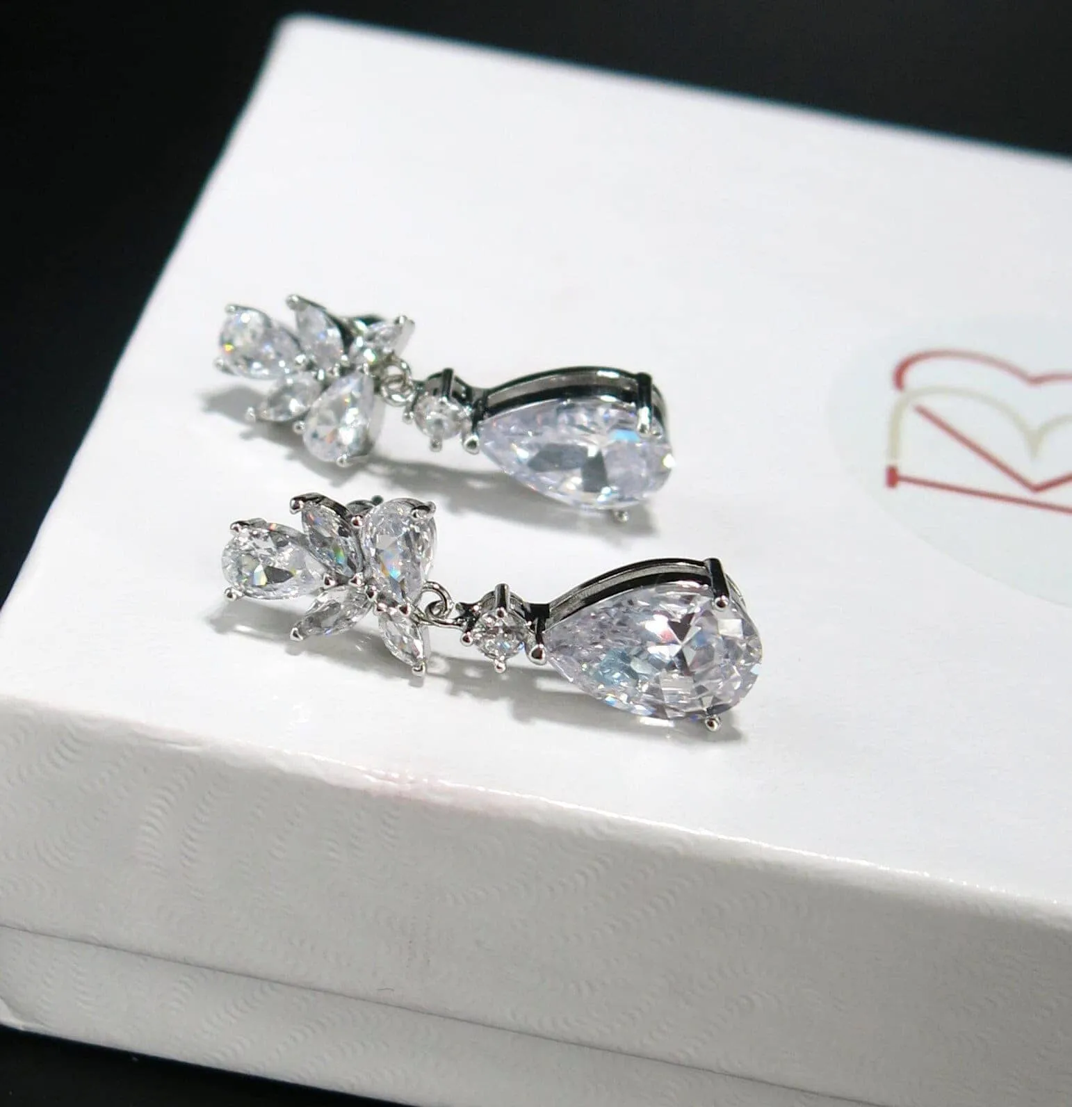 14K White Gold Crystal Teardrop Earrings, CZ Diamond Crystal Bridal Studs, Wedding Bridesmaid Crystal Earrings