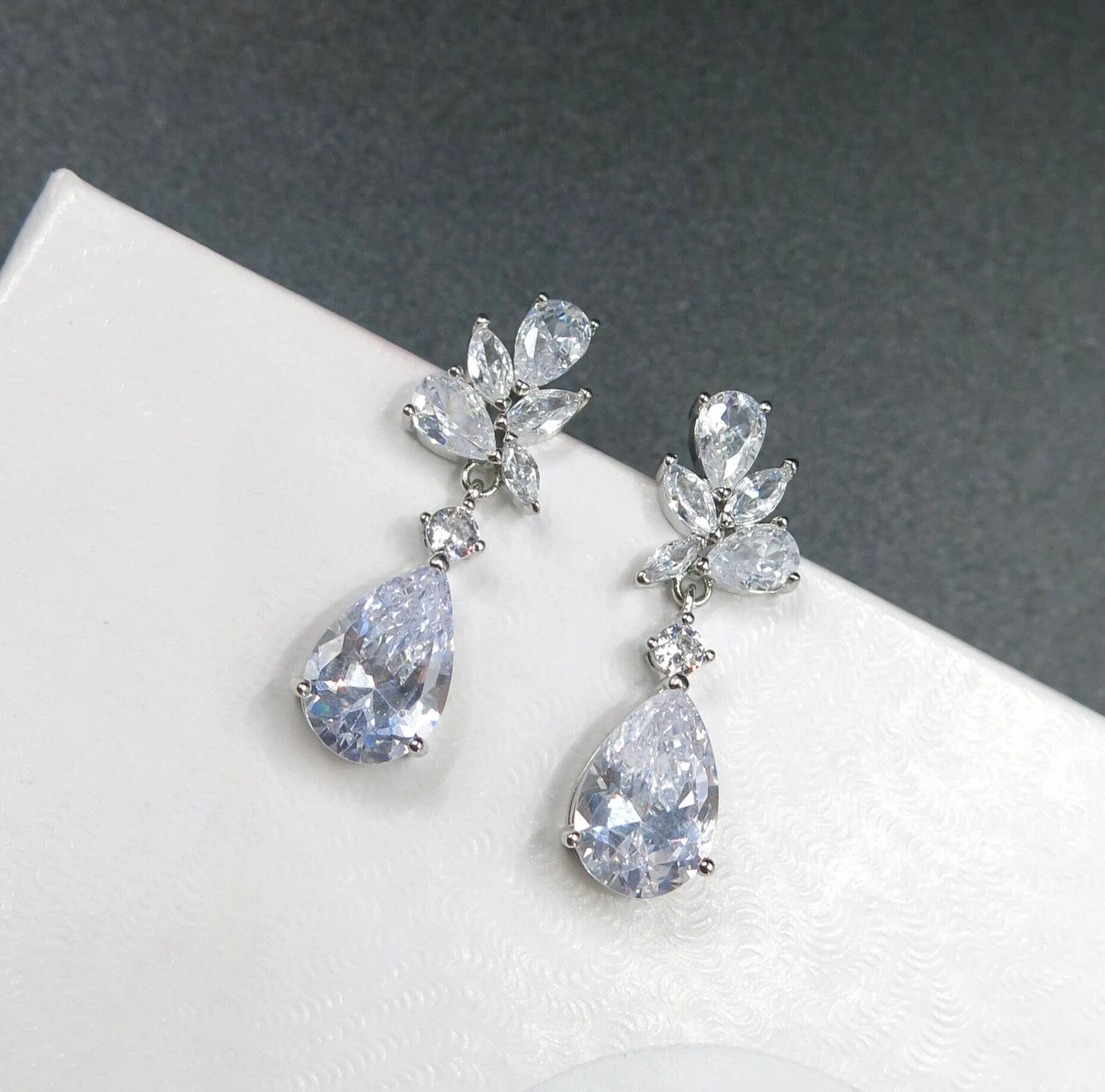 14K White Gold Crystal Teardrop Earrings, CZ Diamond Crystal Bridal Studs, Wedding Bridesmaid Crystal Earrings