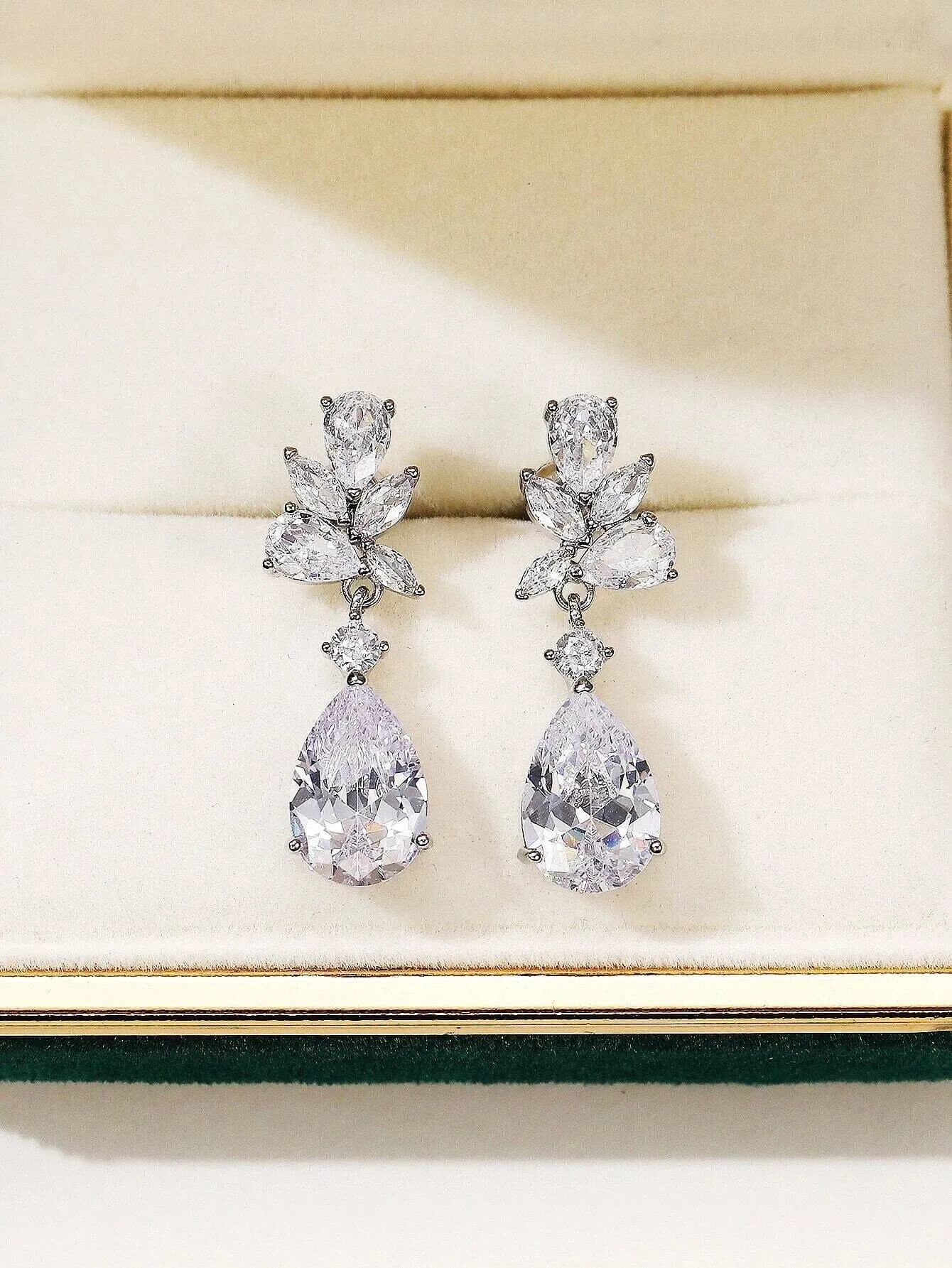 14K White Gold Crystal Teardrop Earrings, CZ Diamond Crystal Bridal Studs, Wedding Bridesmaid Crystal Earrings