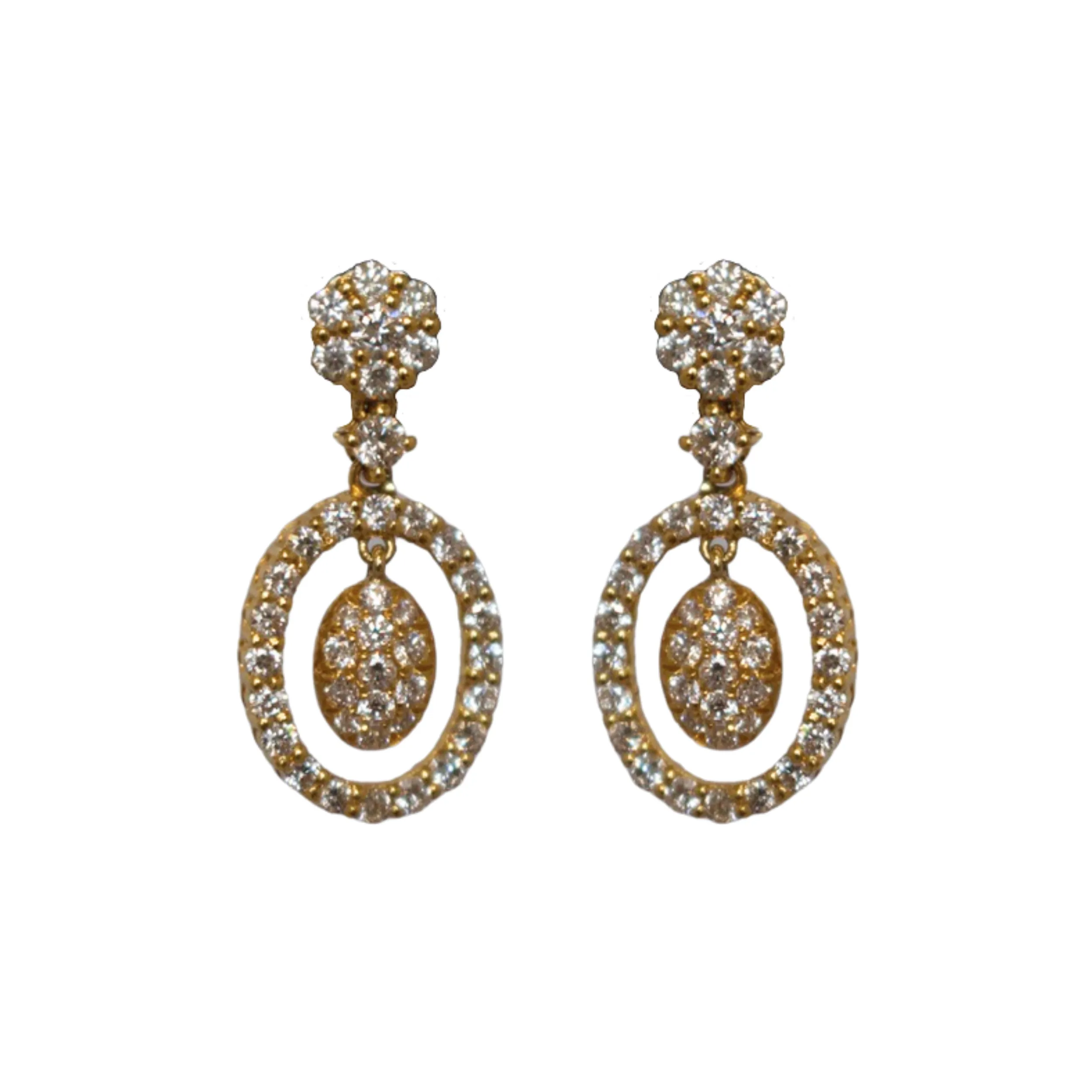 14k Yellow Gold Diamond Oval Drop Earrings