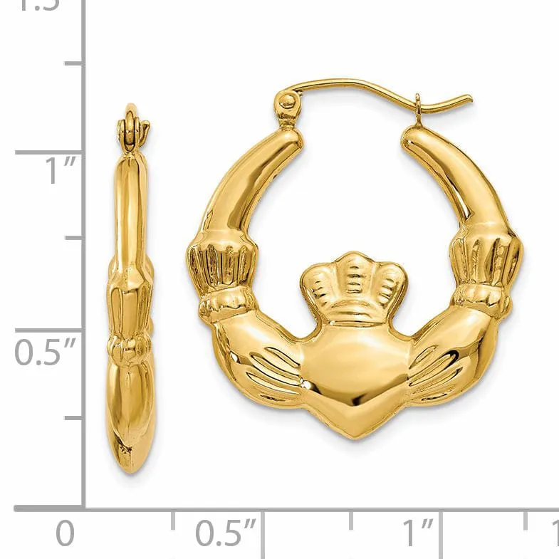 14k Yellow Gold Polished Claddagh Hoop Earrings