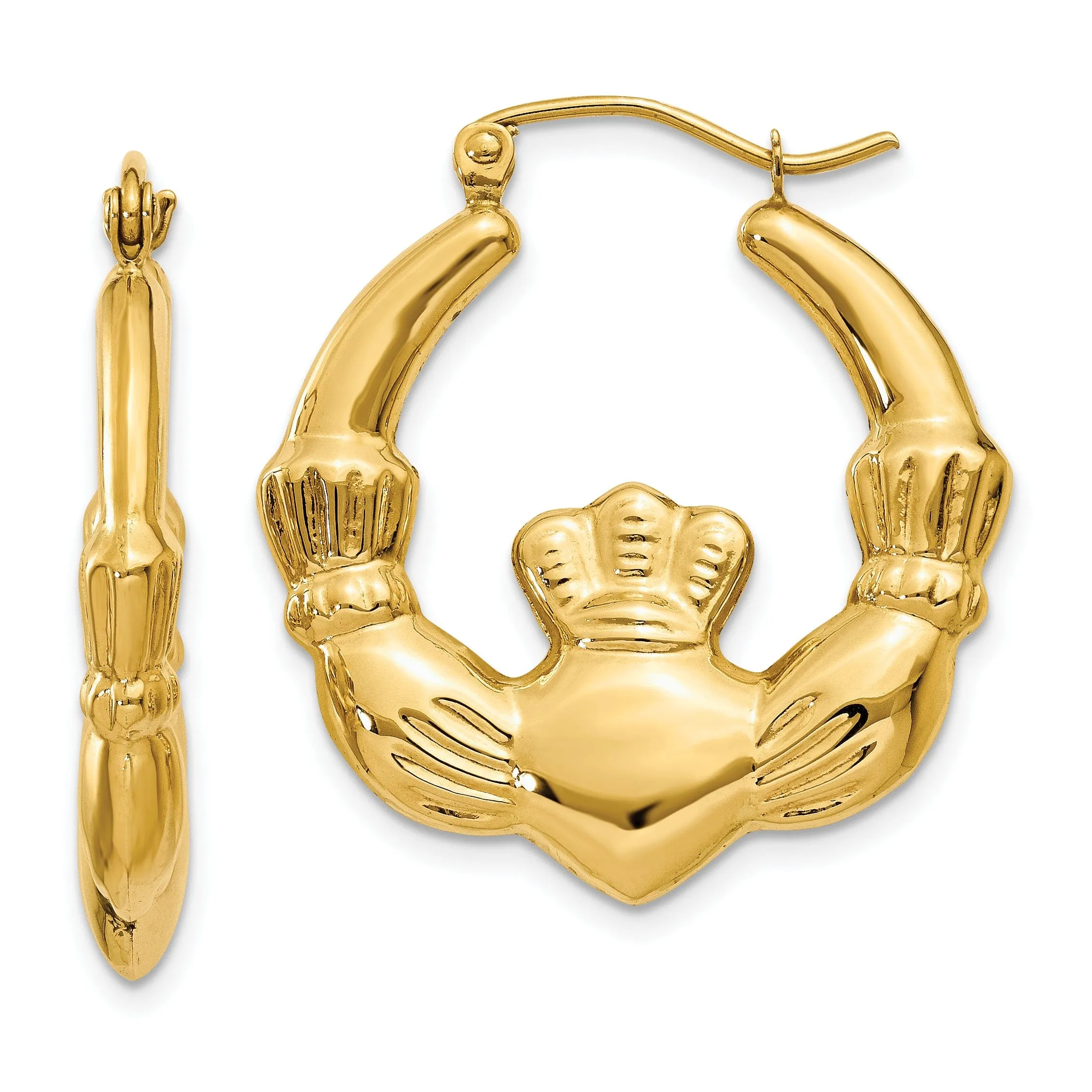 14k Yellow Gold Polished Claddagh Hoop Earrings