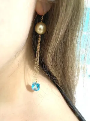 14kt long tassel earrings-aquamarine and pearl