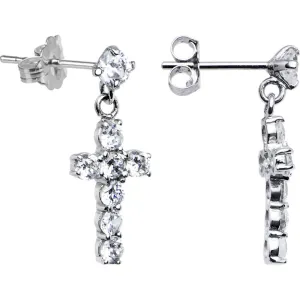 14kt White Gold CZ Cross Dangle Stud Earrings