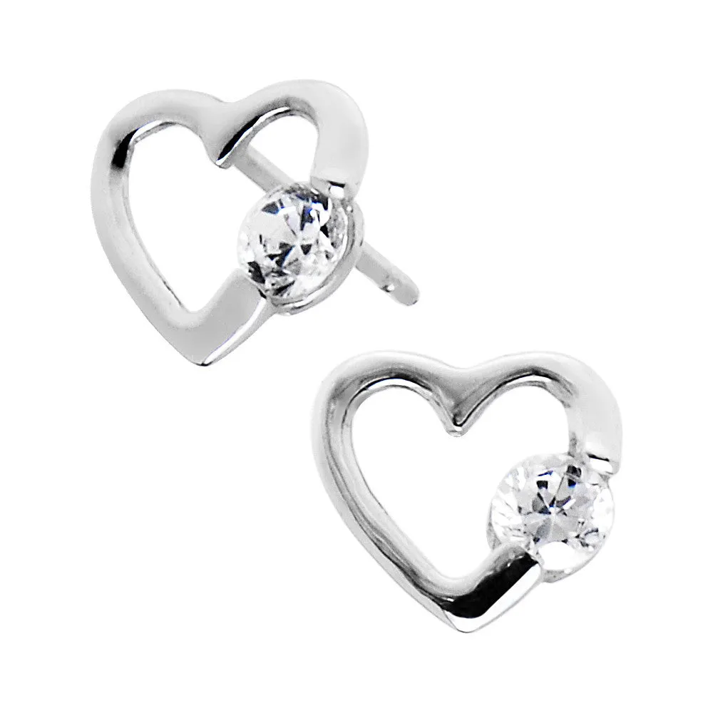 14kt White Gold CZ Hollow Heart Stud Earrings 7mm