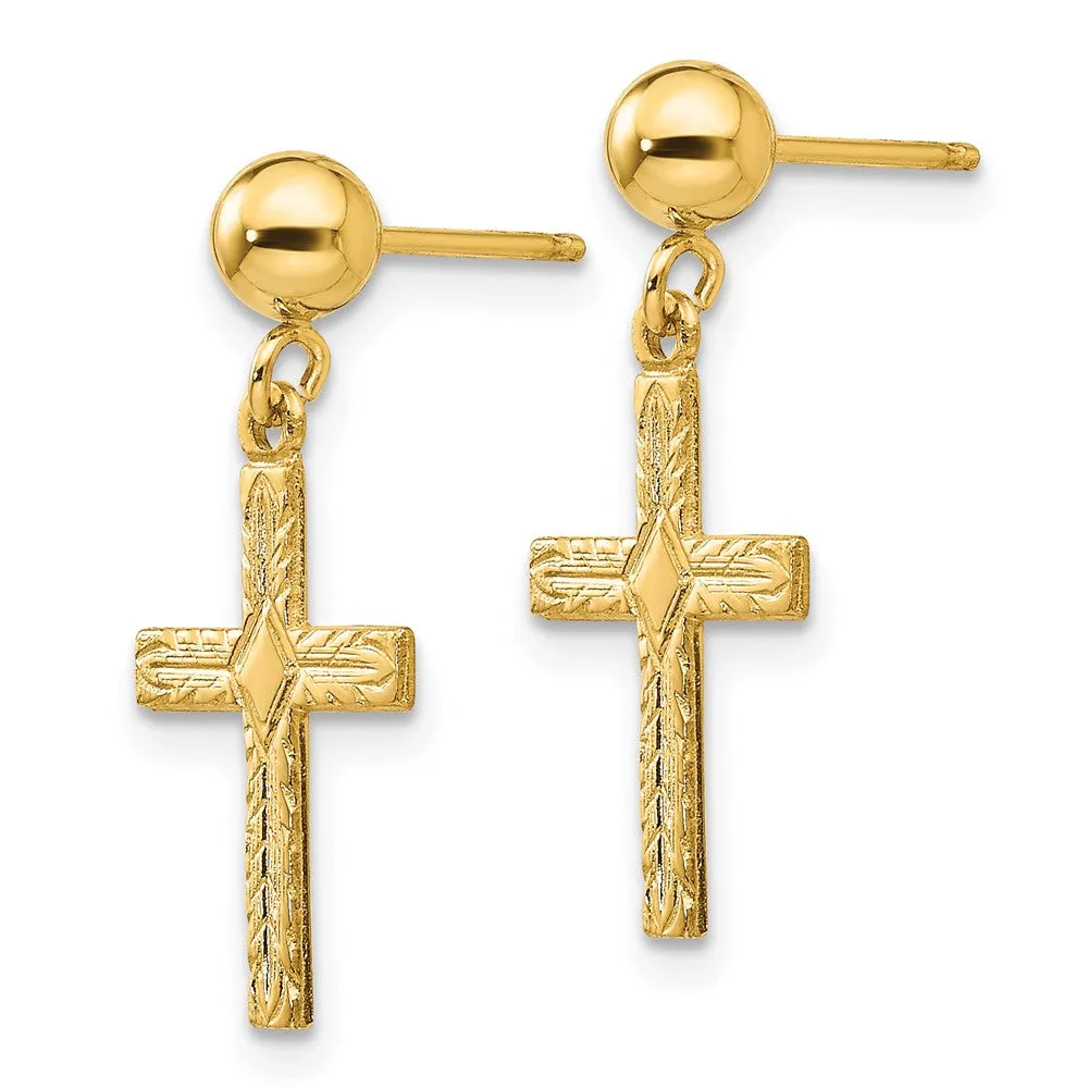 14KT Yellow Gold 21X10MM Drop & Dangle Cross Earrings