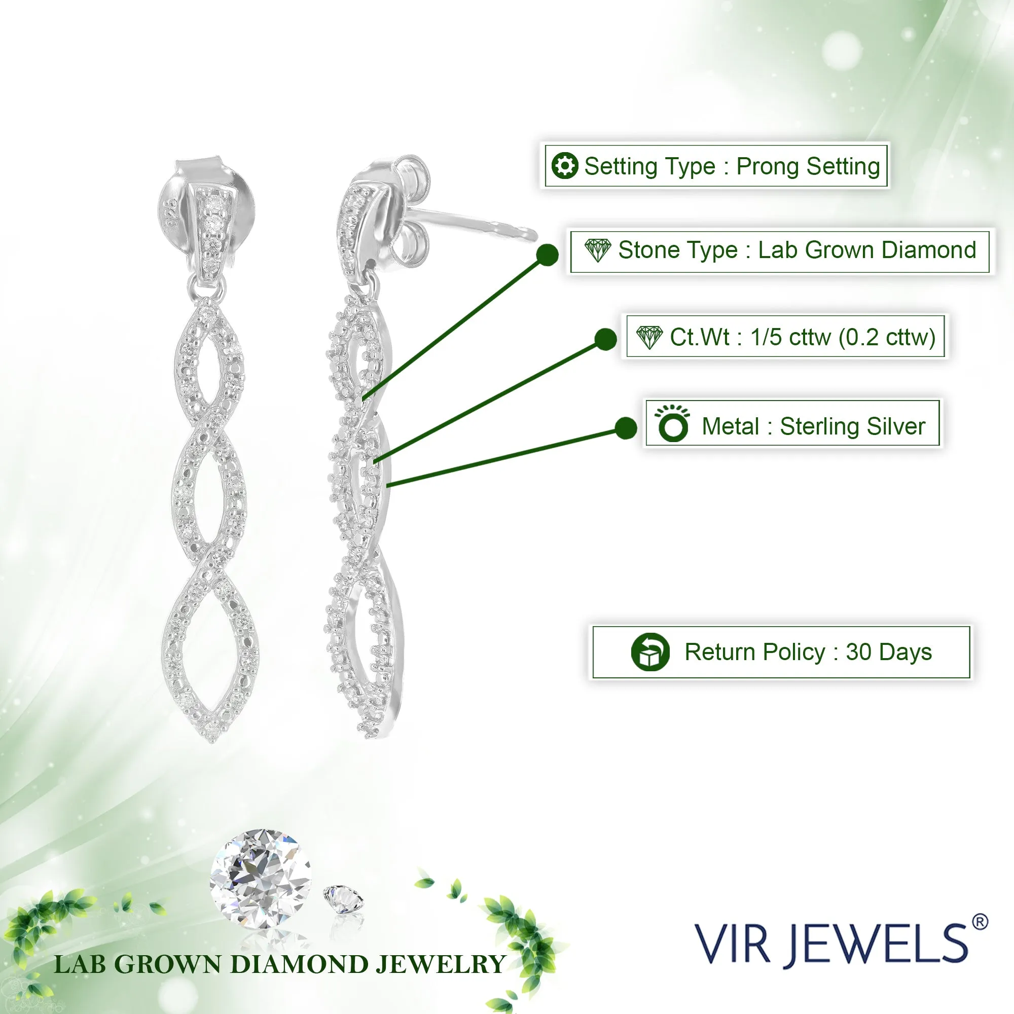 1/5 cttw Lab Grown Diamond Twisted Dangle Earring Sterling Silver