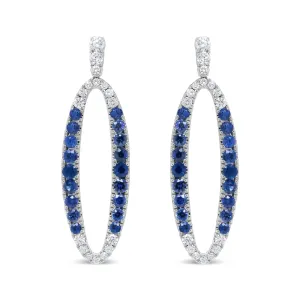 18K White Gold 1.11 Cttw Blue Round Diamond and Blue Sapphire Openwork Oval Shaped Dangle Earrings (F-G Color, VS1-VS2 Clarity)