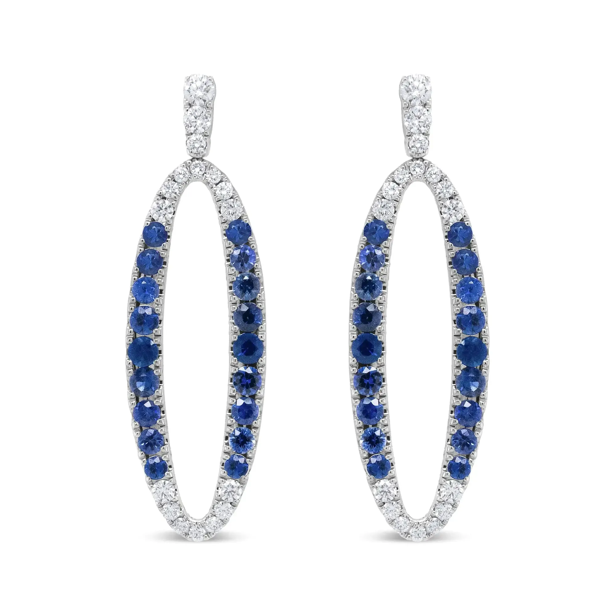 18K White Gold 1.11 Cttw Blue Round Diamond and Blue Sapphire Openwork Oval Shaped Dangle Earrings (F-G Color, VS1-VS2 Clarity)