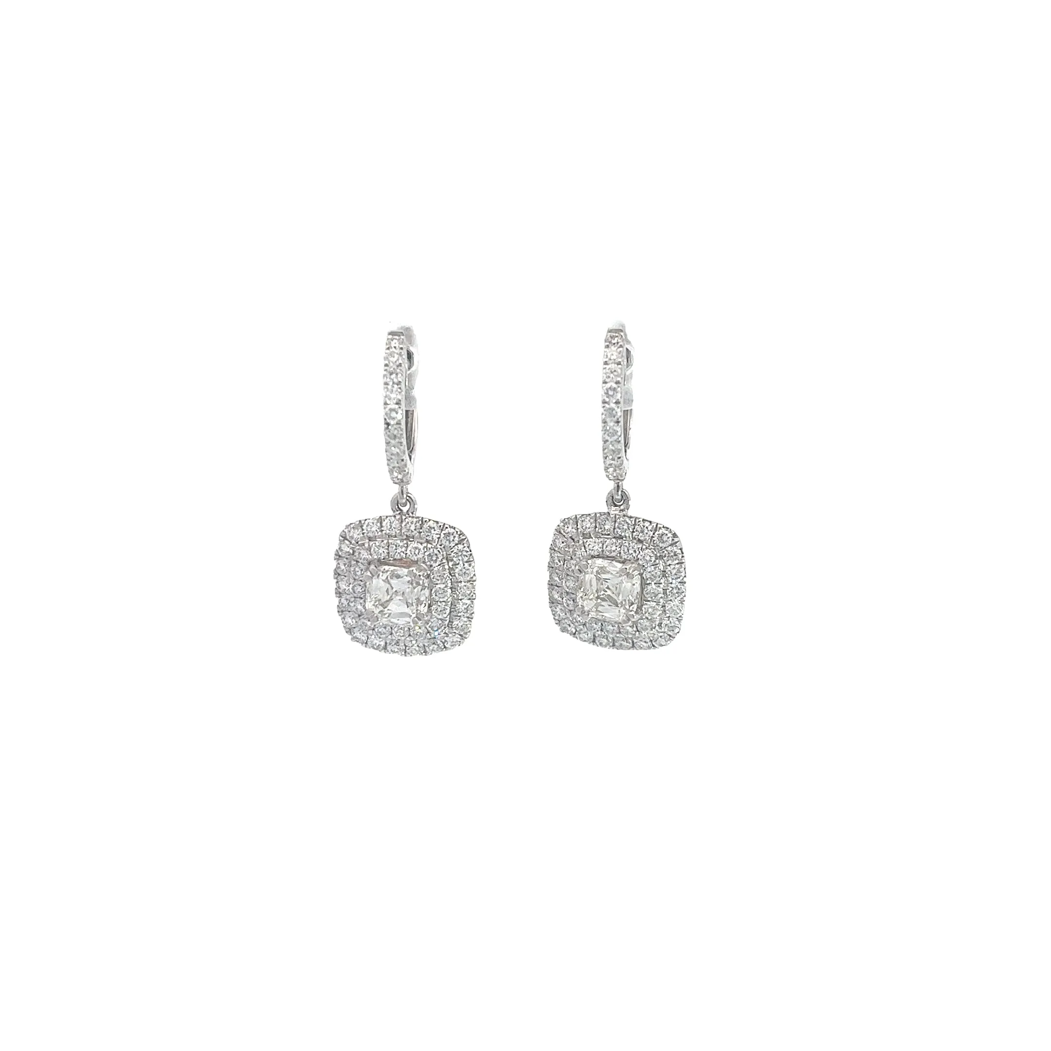18K WHITE GOLD 1.43CT CUSHION CUT AND 1.50CT ROUND G VS2 PAVE SET DROP EARRINGS