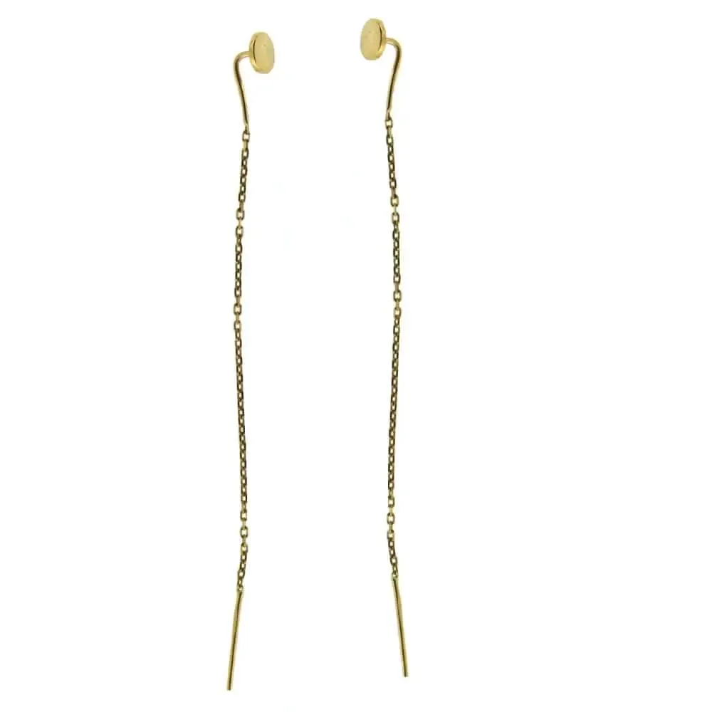 18k Yellow Gold Round Button Thread Dangle Earrings