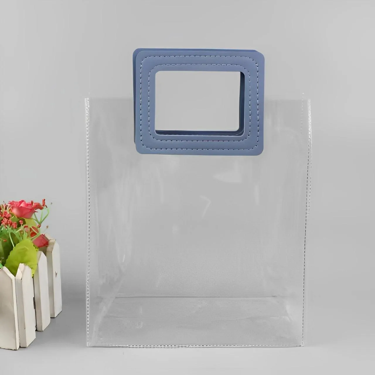 19x18x10cm |  Clear Transparent Handbag with Grey Square Handles – Stylish | Versatile Pack of 6