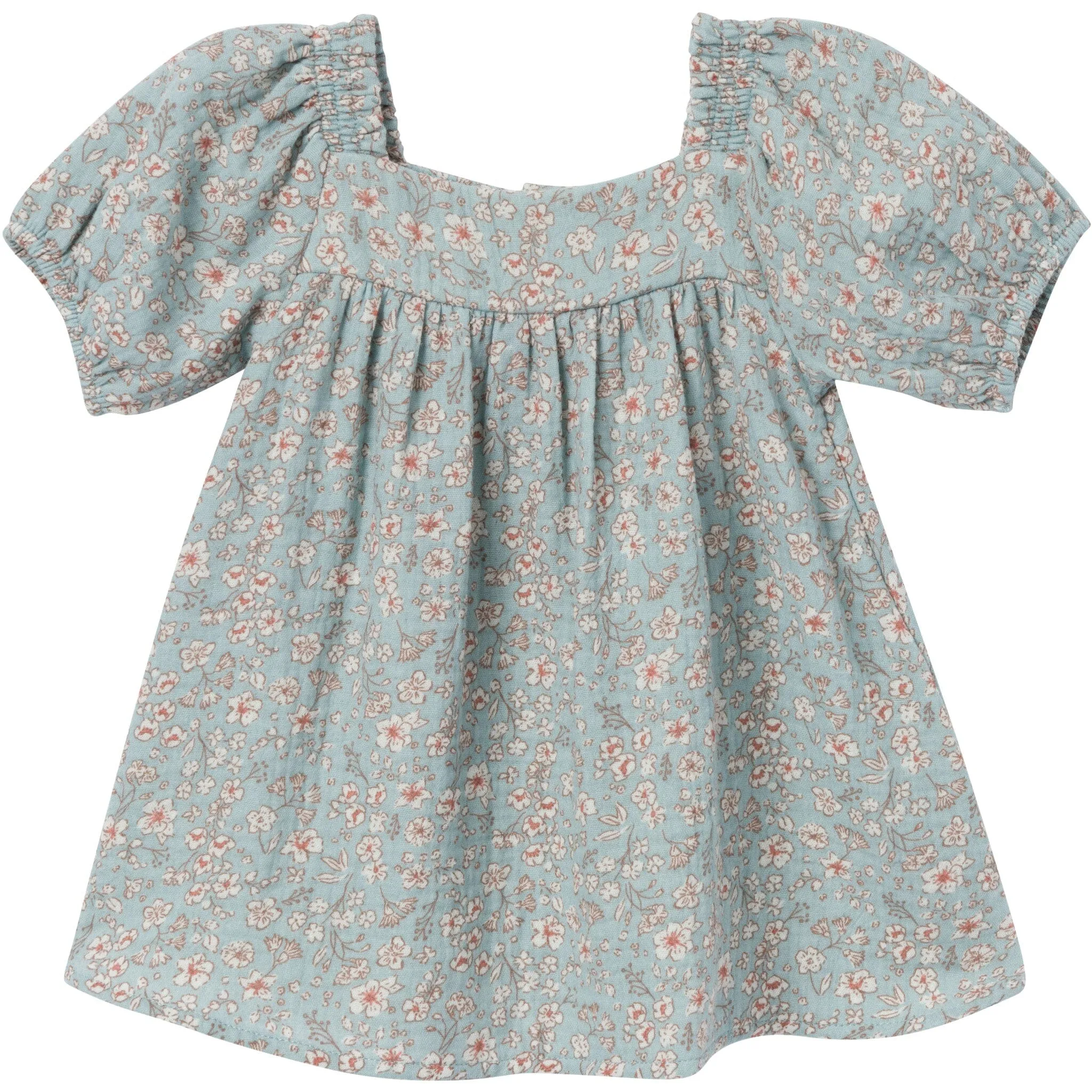 2-Piece Baby Girls Teal Ditsy Puffed Sleeve Dress and Diaper Cover