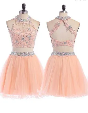 2016 Sexy Two pieces Peach lace homecoming prom dresses, CM0004