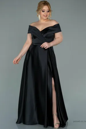 29859 Black Off-Shoulder Satin Slit Dress