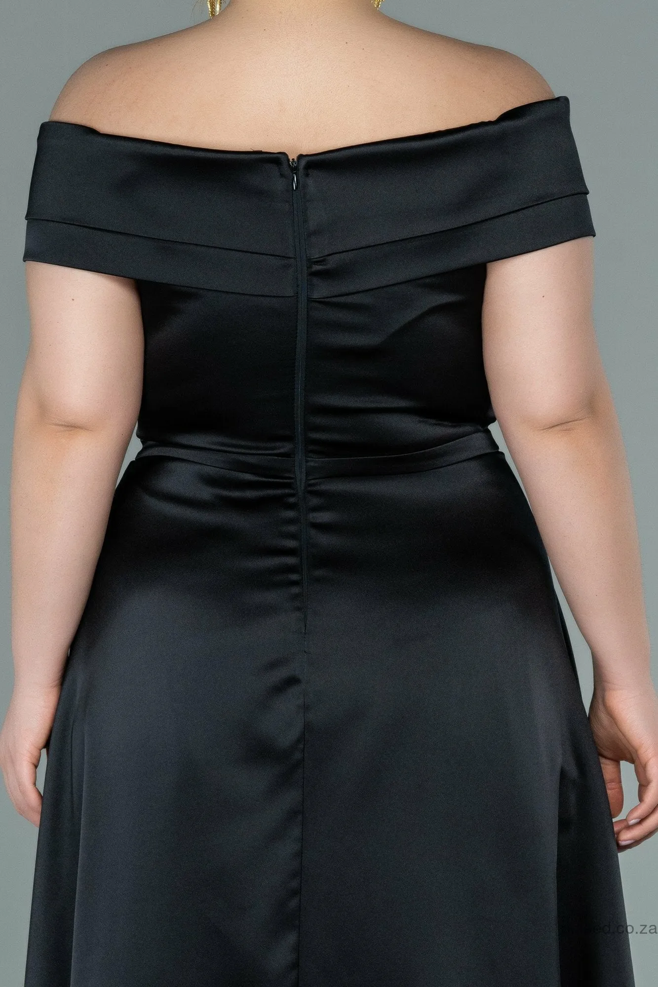 29859 Black Off-Shoulder Satin Slit Dress