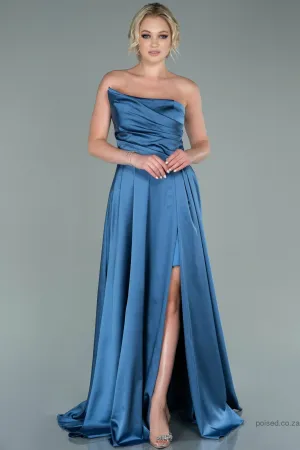 29866 Blue Plain Maxi Strapless Dress