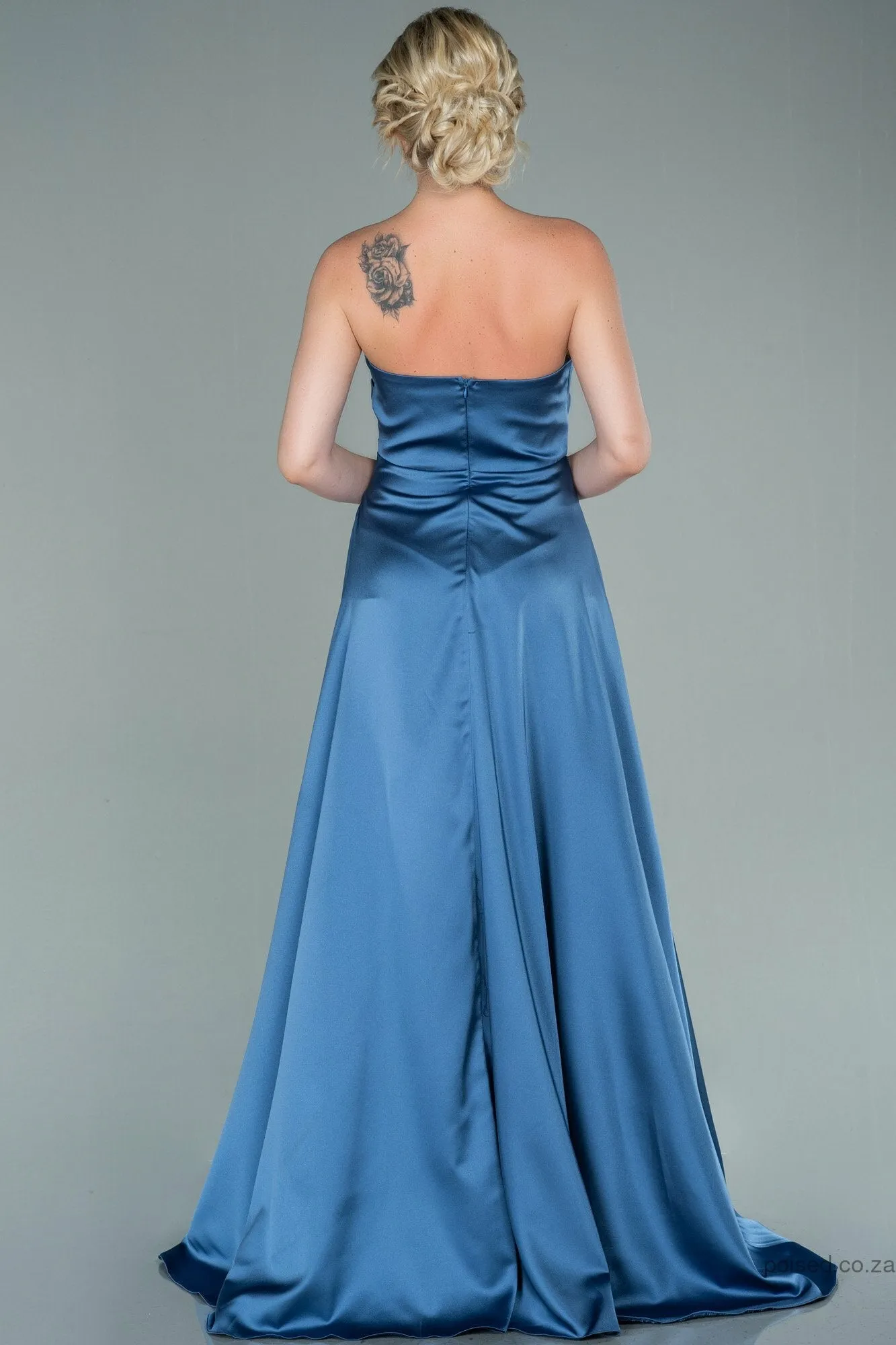 29866 Blue Plain Maxi Strapless Dress