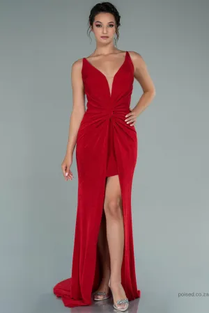 29921 Red Plunging Neckline Draped Slit Dress