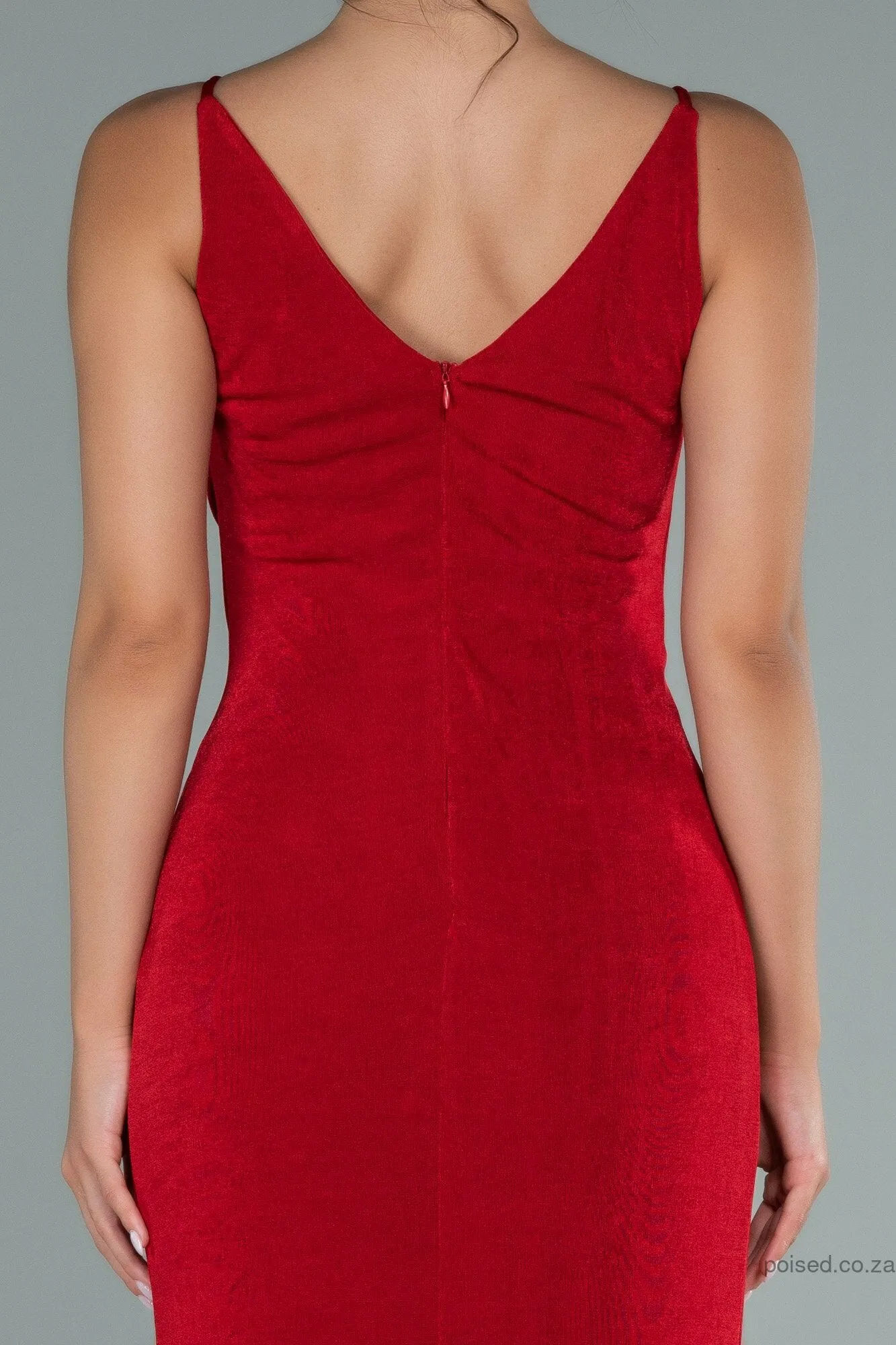 29921 Red Plunging Neckline Draped Slit Dress