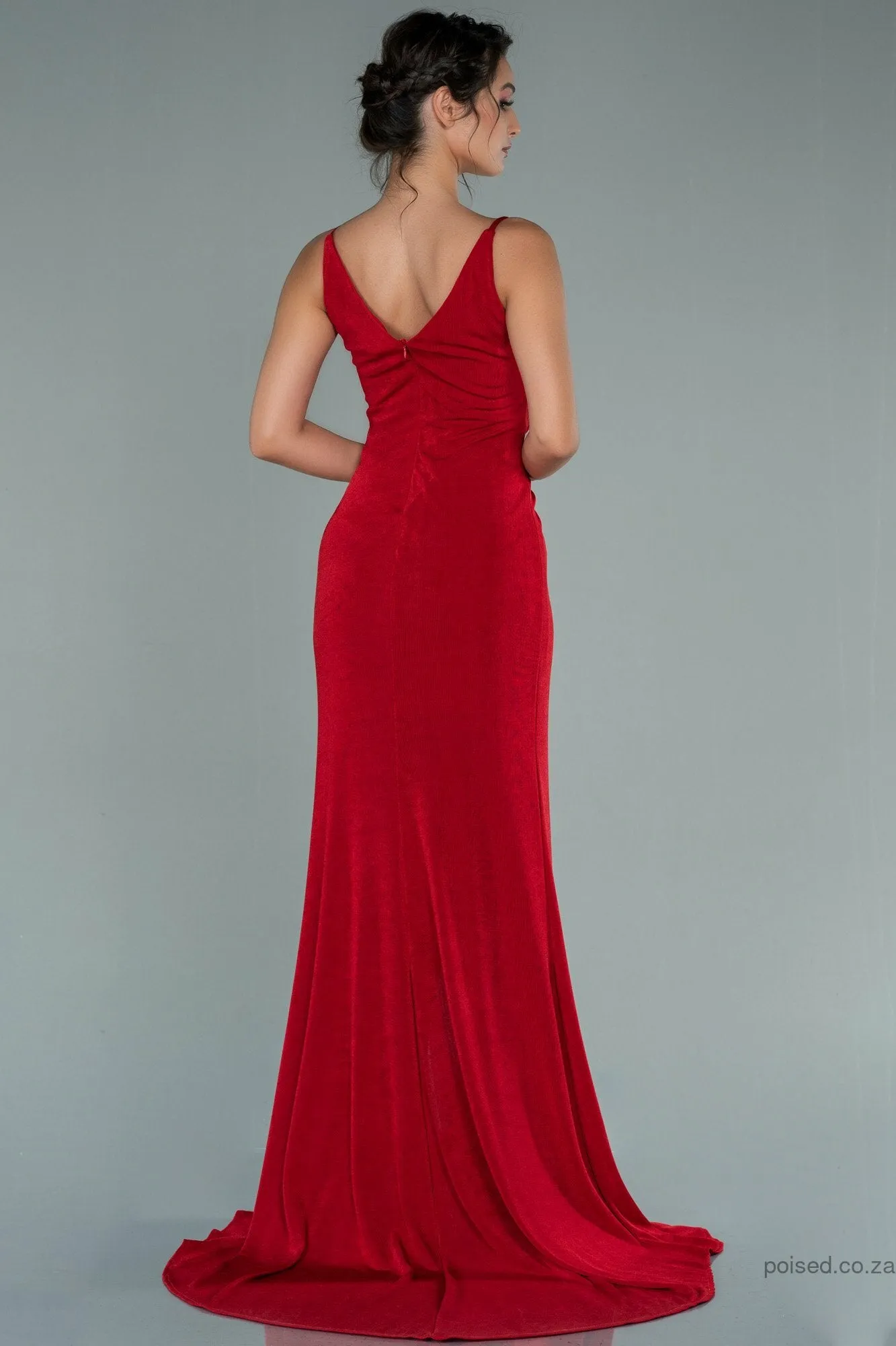 29921 Red Plunging Neckline Draped Slit Dress