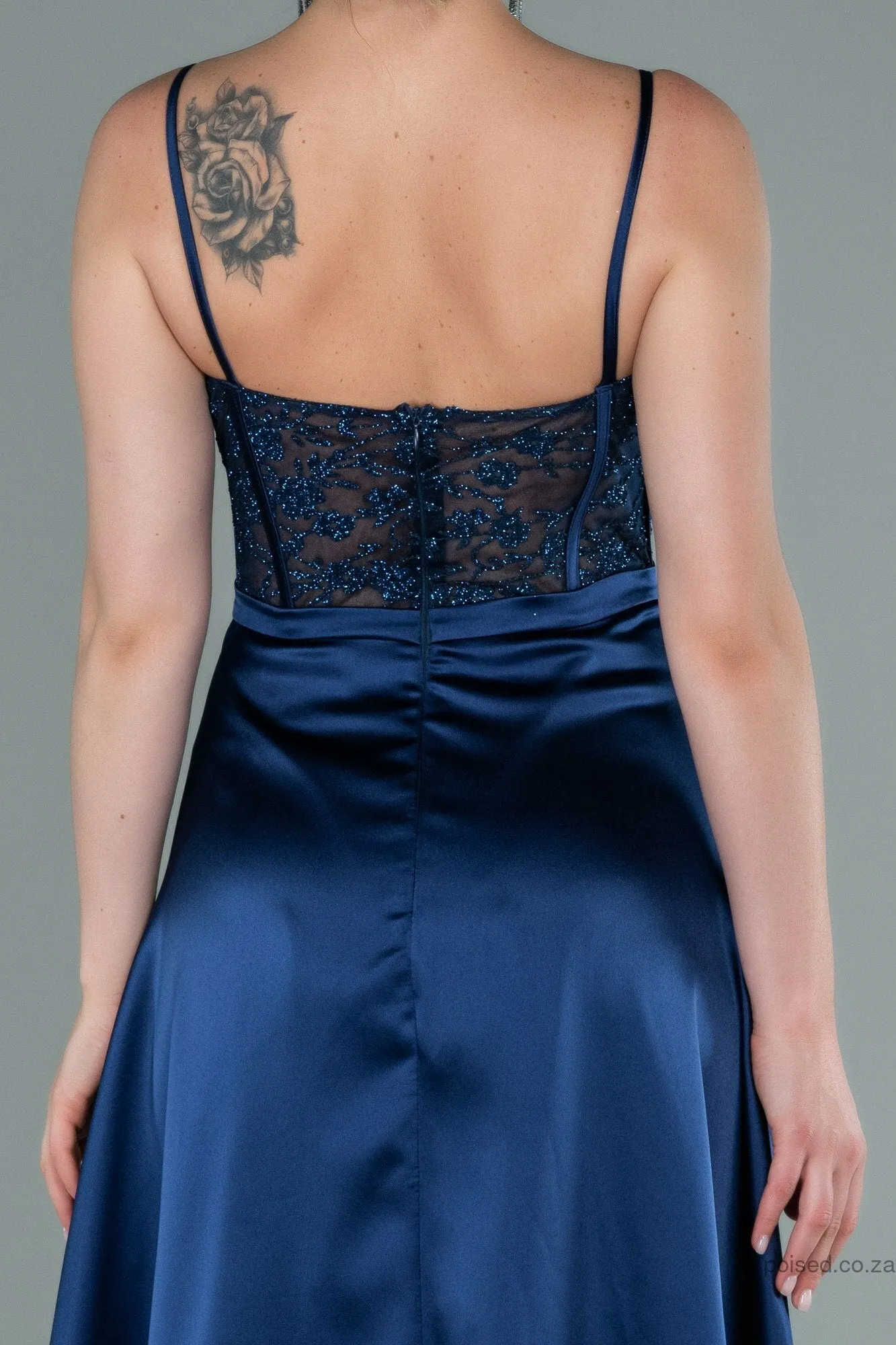 29934 Navy Blue Sheer Lace Corset Satin Dress