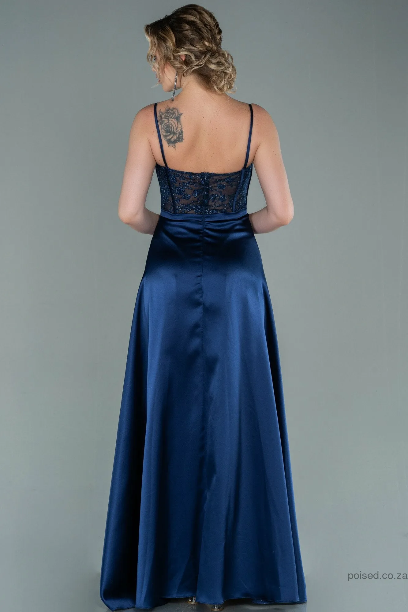 29934 Navy Blue Sheer Lace Corset Satin Dress