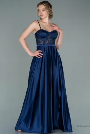 29934 Navy Blue Sheer Lace Corset Satin Dress