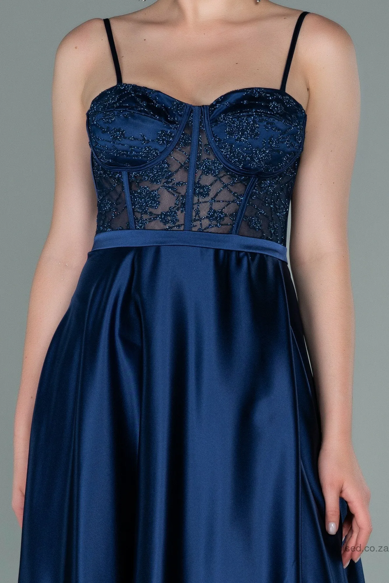 29934 Navy Blue Sheer Lace Corset Satin Dress