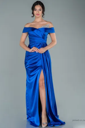 29978 Royal Blue Draped Off-Shoulder Slit Dress