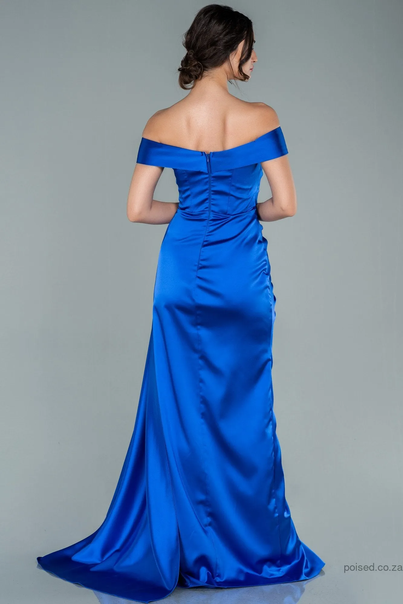 29978 Royal Blue Draped Off-Shoulder Slit Dress