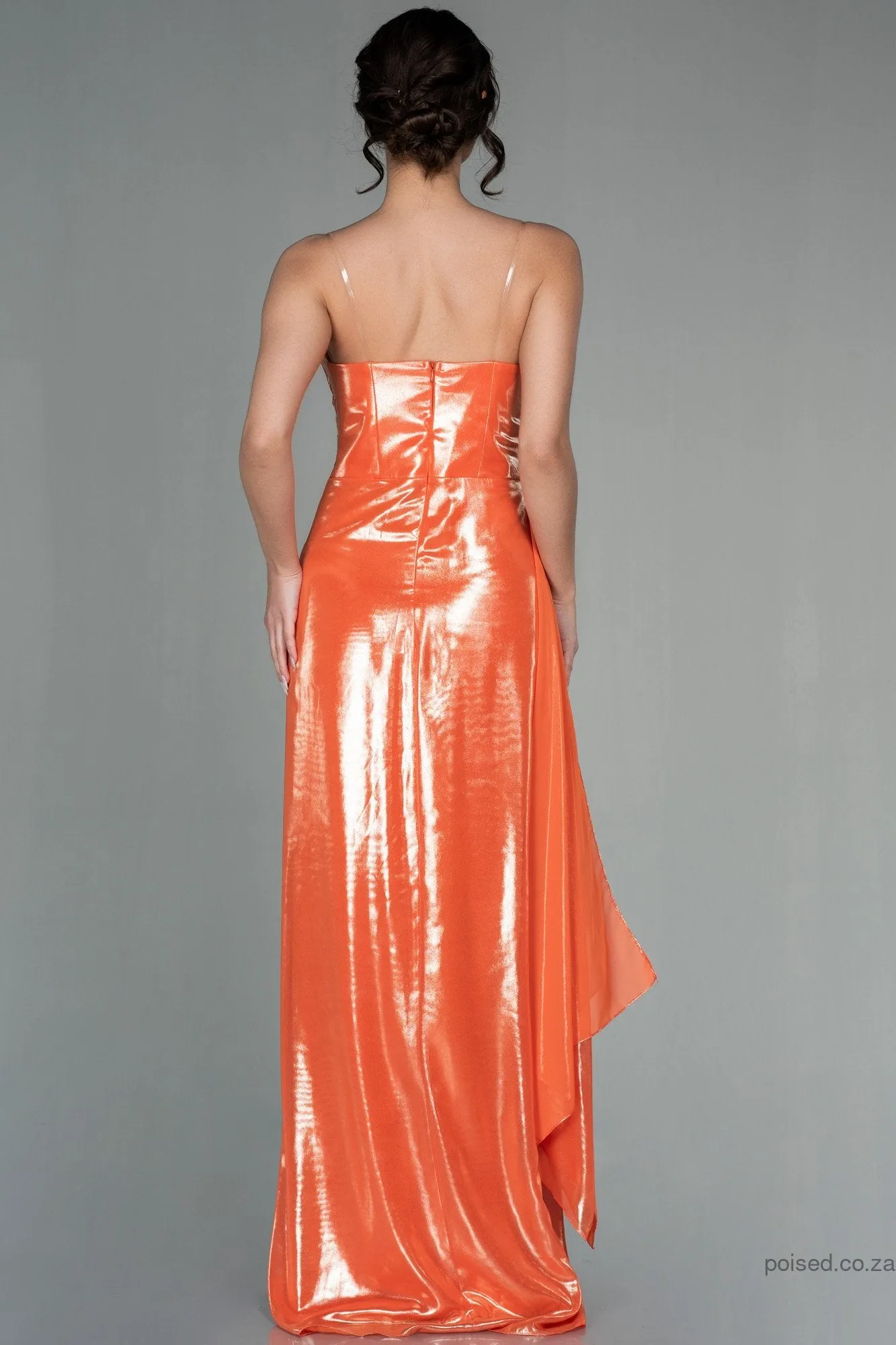 29983 Orange Slit DressDraped Wet Look Slit Dress