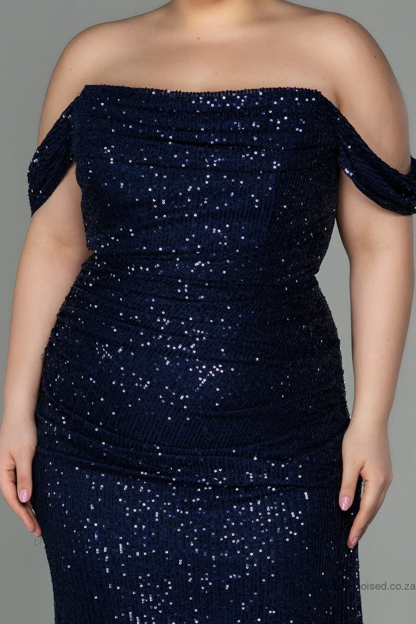 30017 Navy Blue Off-Shoulder Sequins Dress