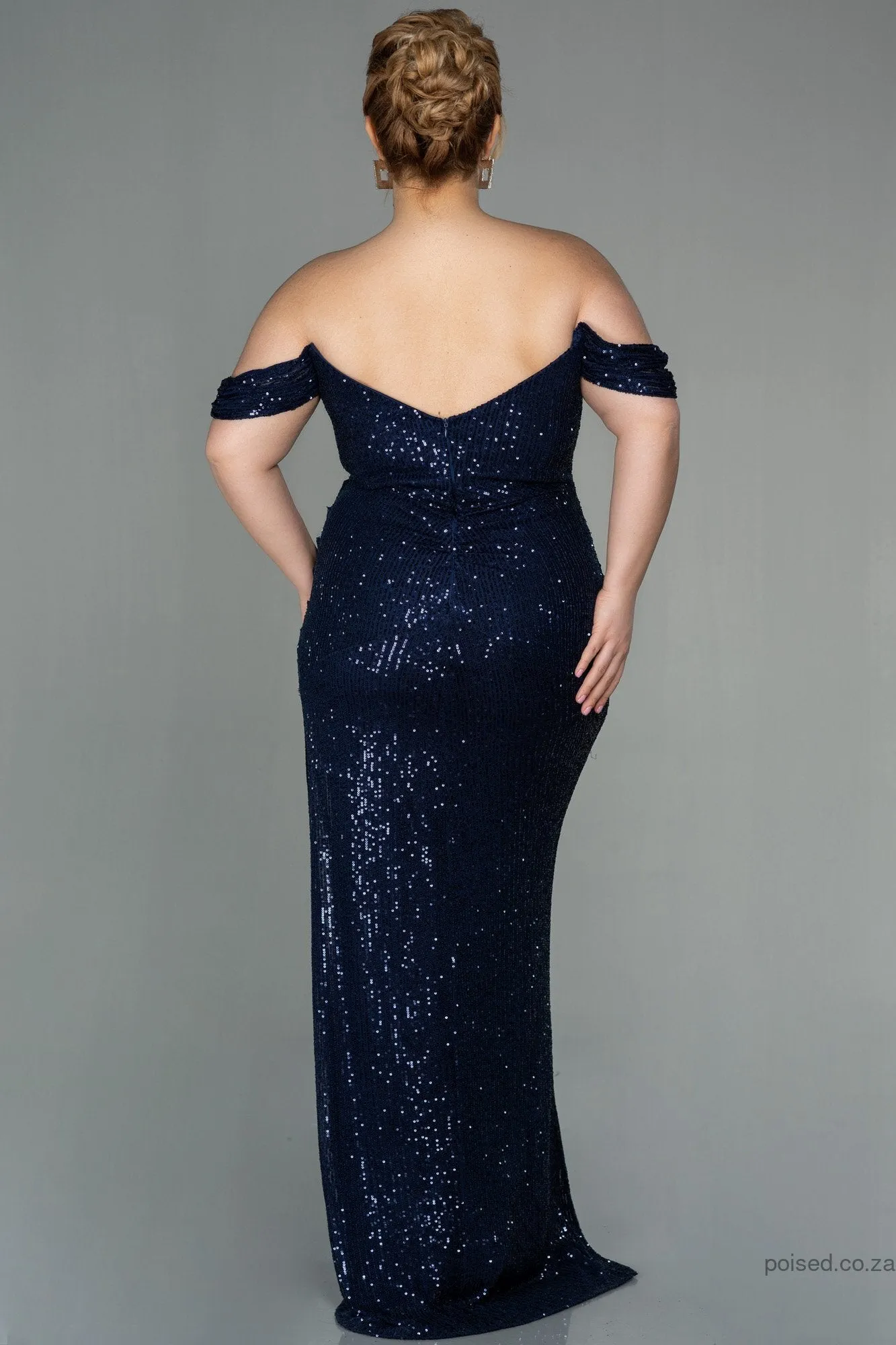 30017 Navy Blue Off-Shoulder Sequins Dress