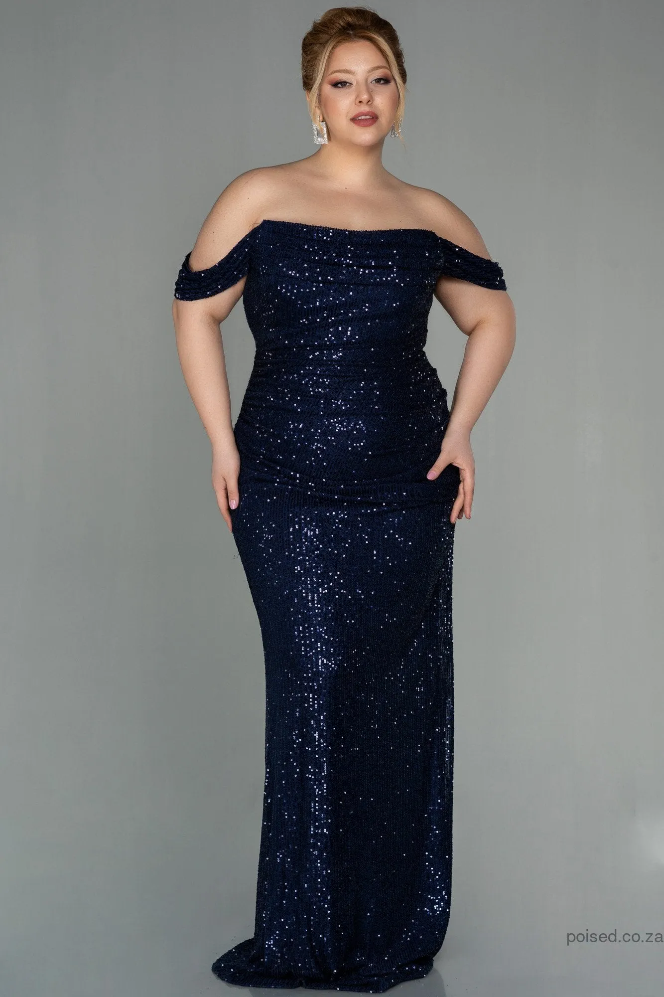30017 Navy Blue Off-Shoulder Sequins Dress