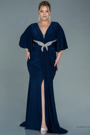 30046 Navy Blue Draped Satin Slit Dress