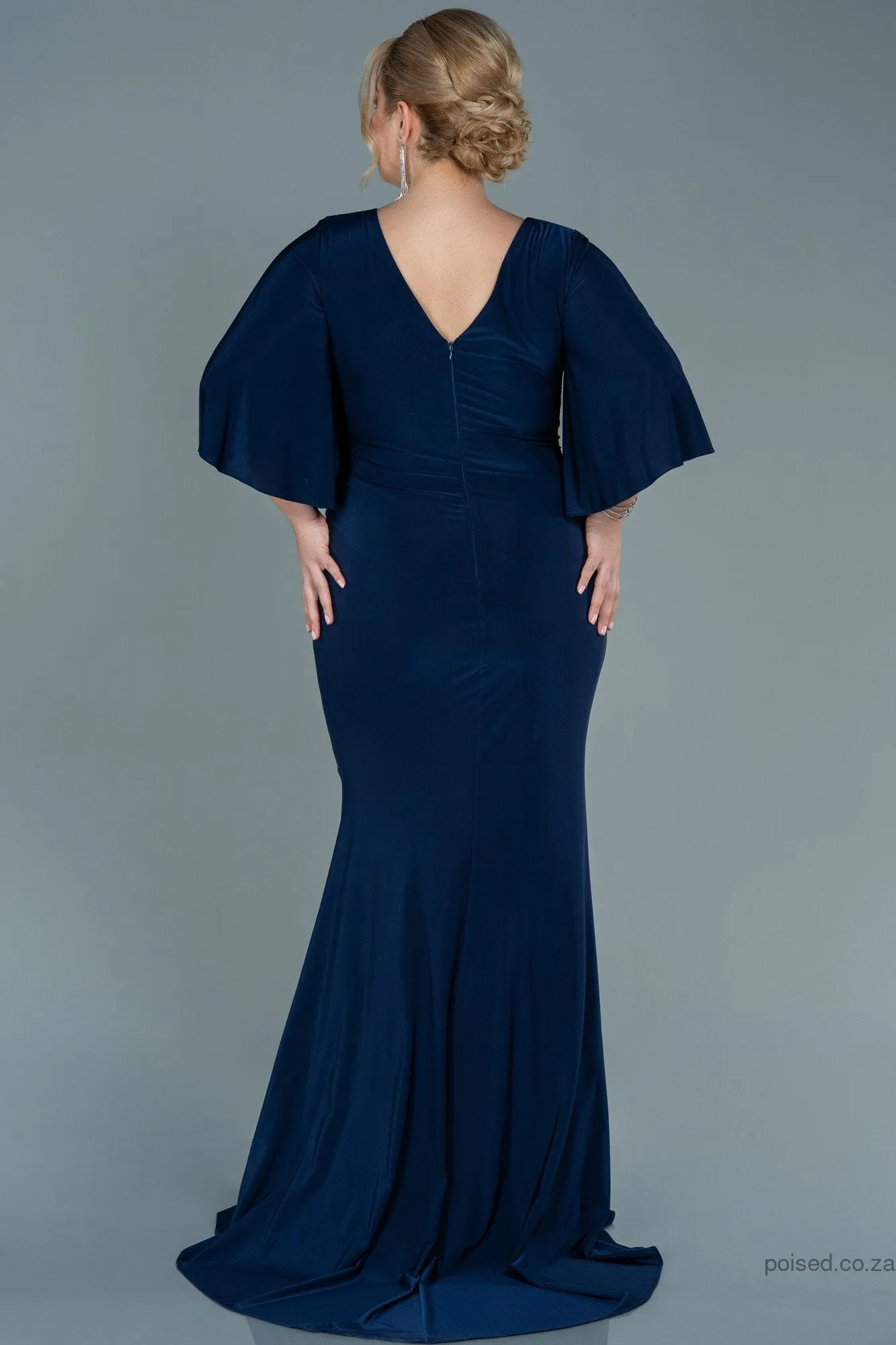 30046 Navy Blue Draped Satin Slit Dress