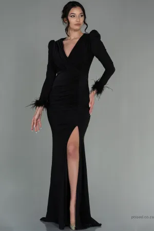 30137 Black Feather Detail Draped Slit Dress