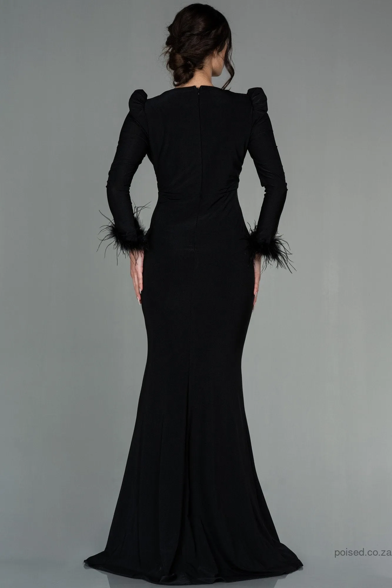 30137 Black Feather Detail Draped Slit Dress