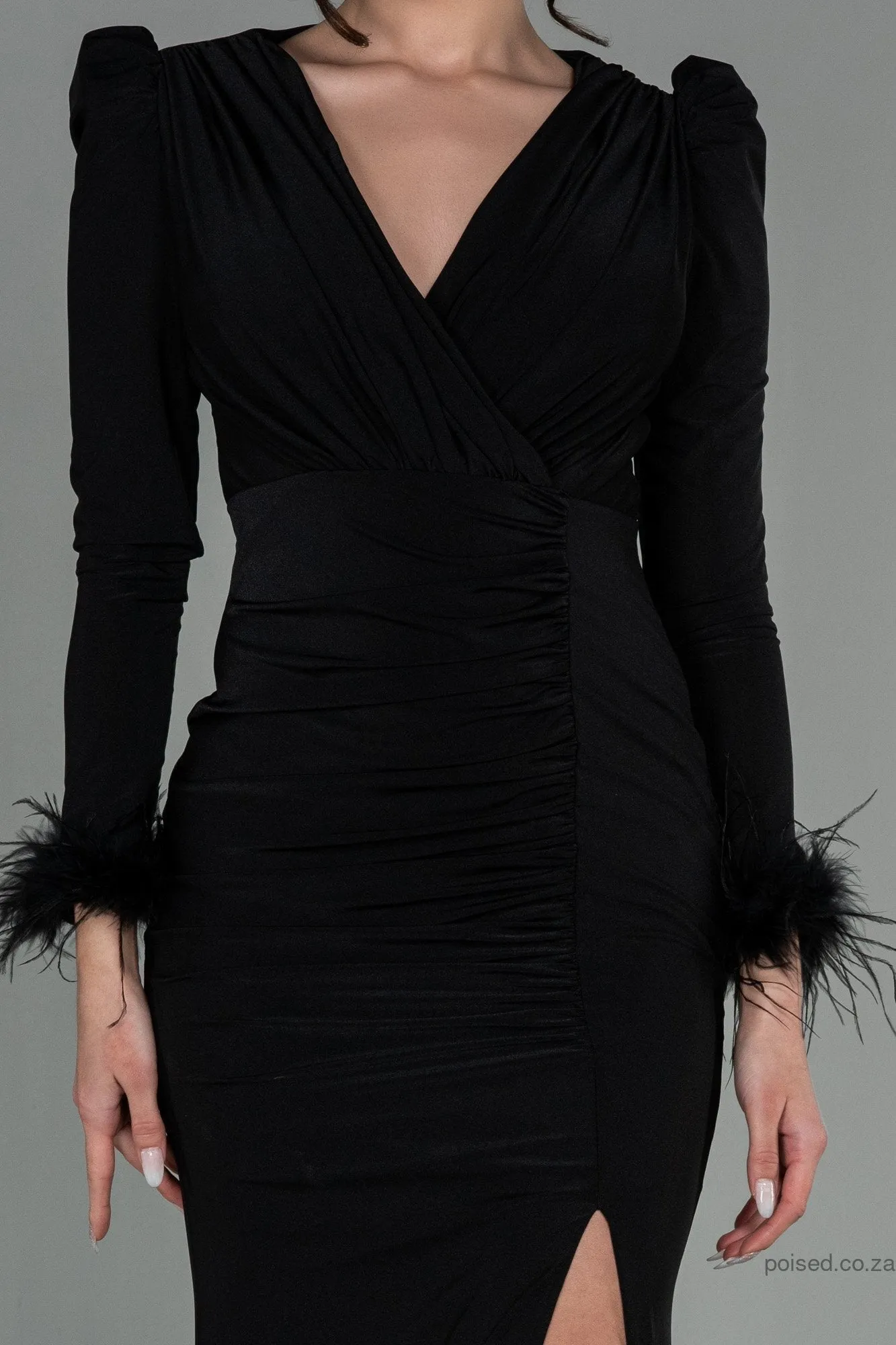 30137 Black Feather Detail Draped Slit Dress