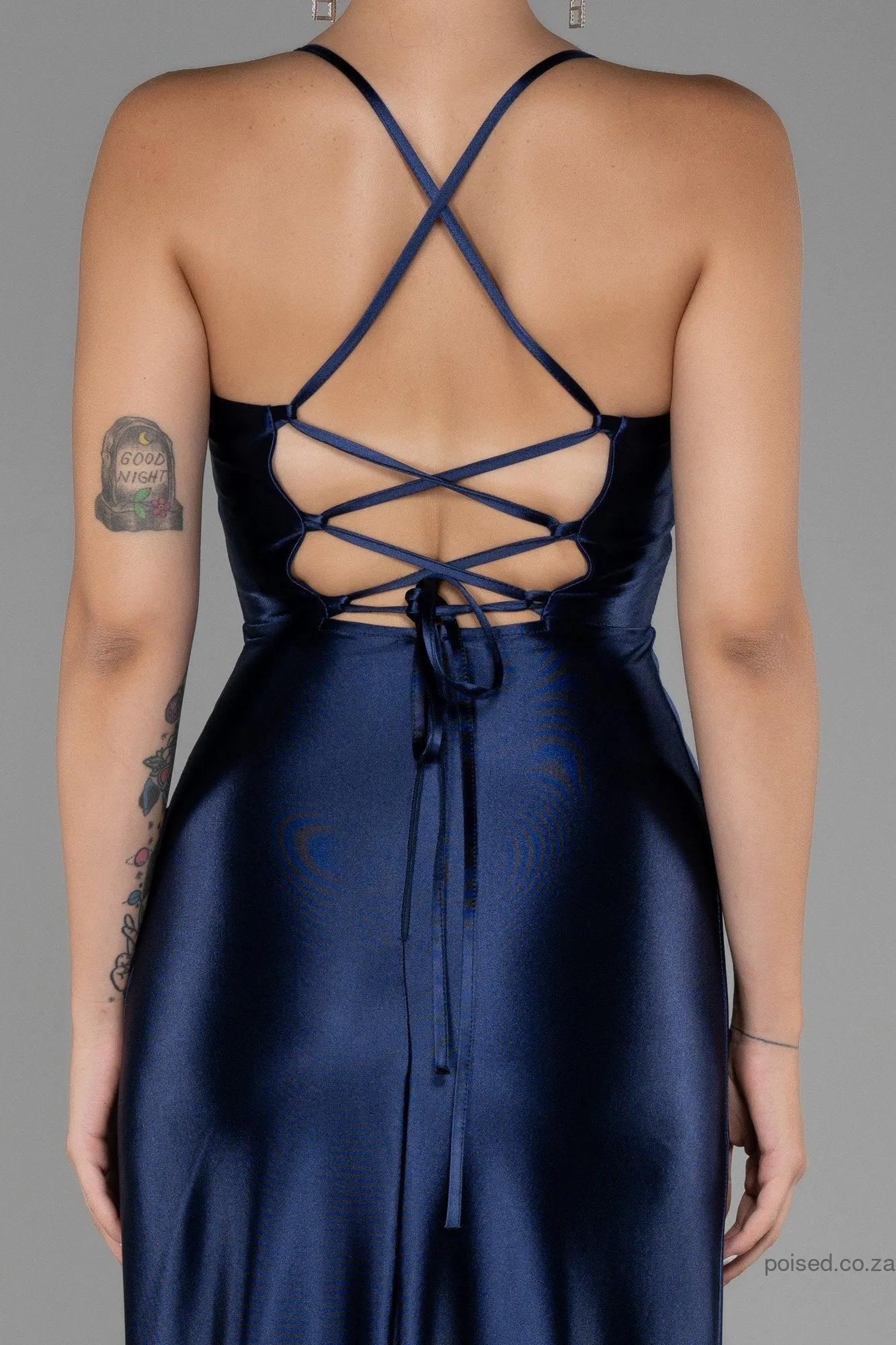 30150 Navy Blue Cross Strap Corset Slit Dress