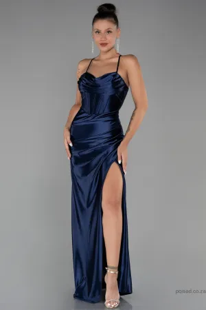 30150 Navy Blue Cross Strap Corset Slit Dress