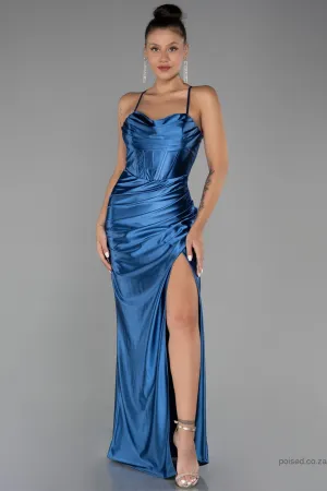 30151 Indigo Blue Cross Strap Corset Slit Dress