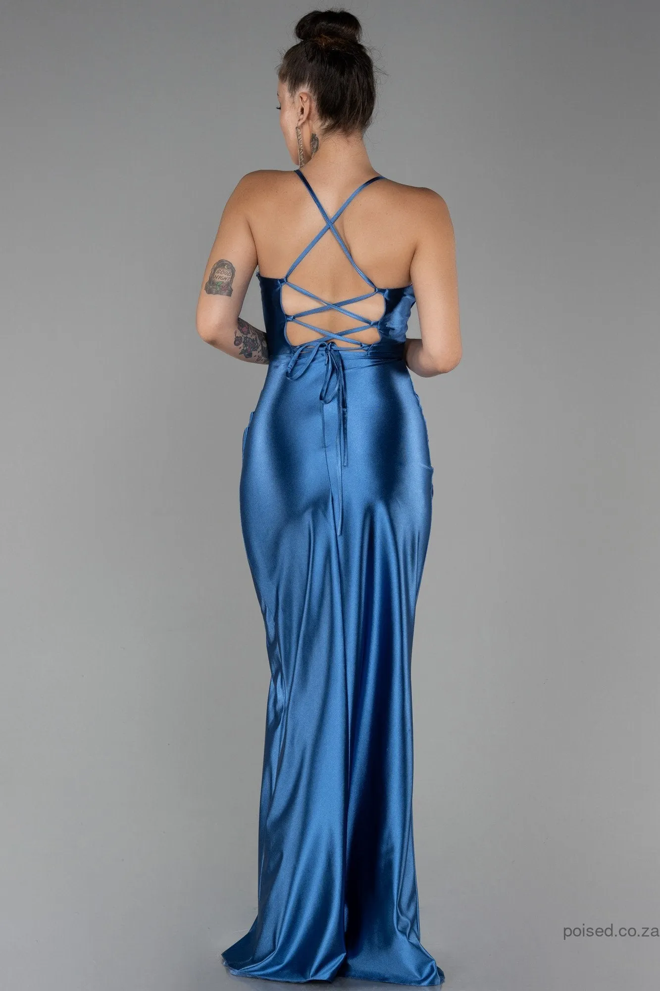 30151 Indigo Blue Cross Strap Corset Slit Dress