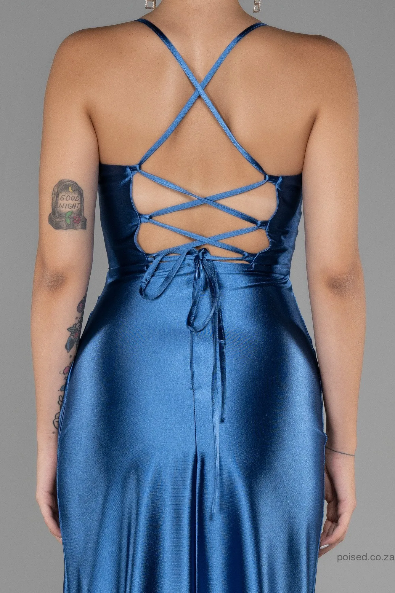30151 Indigo Blue Cross Strap Corset Slit Dress