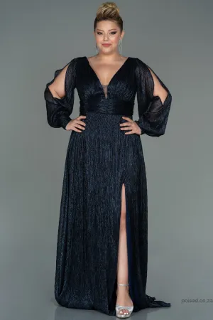 30156 Navy Blue Draped Waist Slit Sleeve Shimmer Dress